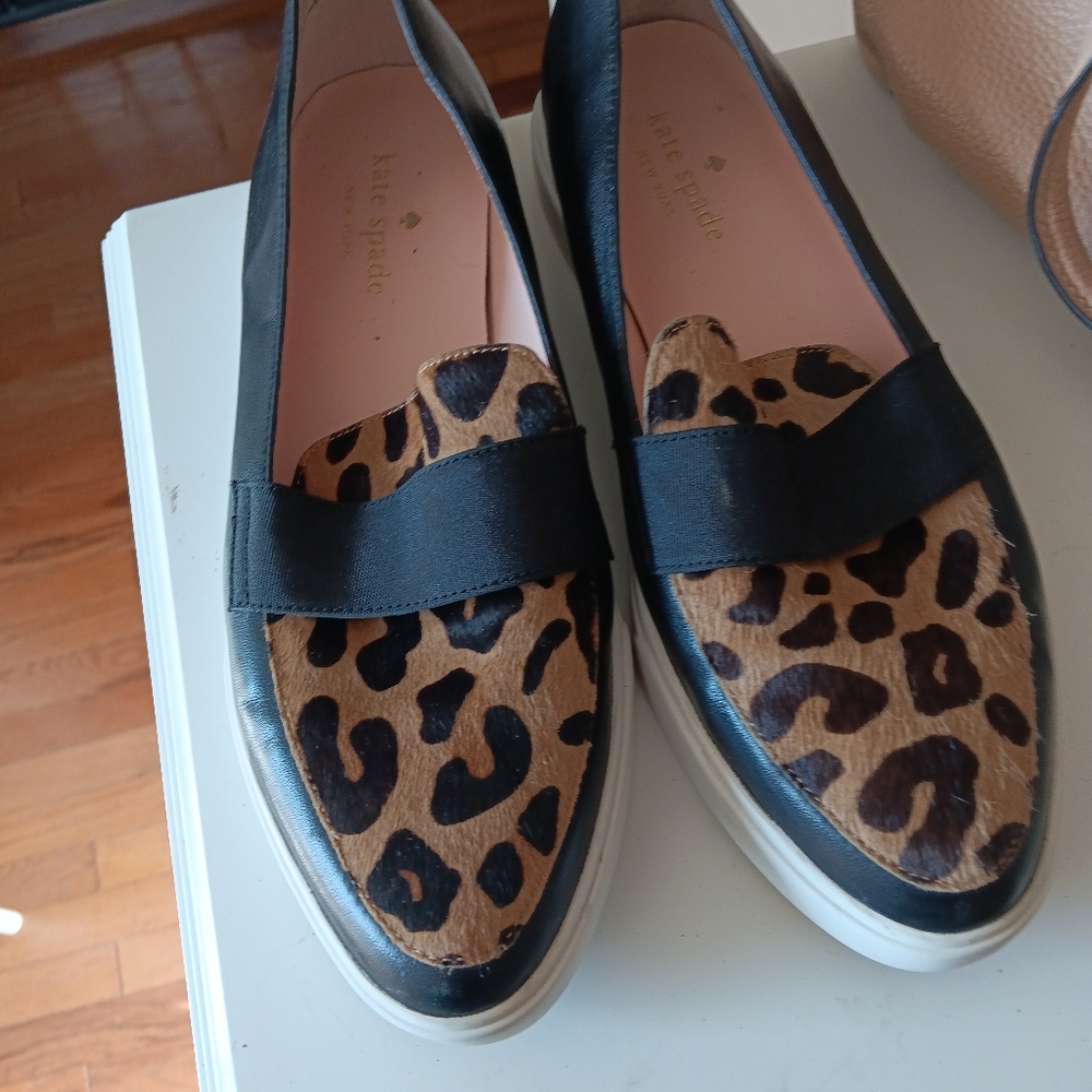 Kate Spade NY Women's Loafers Leopard (cow) fur tops black leather white soles 7